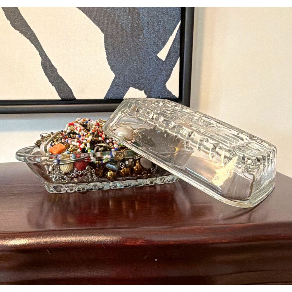 Vintage glass butter, dish, full of mystery Jewelry, rings, bracelets, necklaces